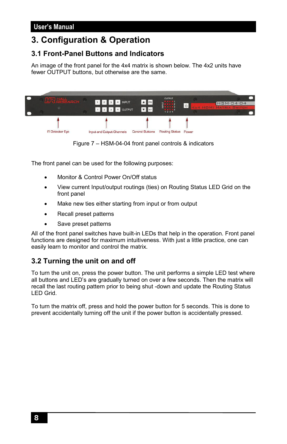 Configuration & operation, 1 front-panel buttons and indicators, 2 turning the unit on and off | Hall Research HSM-I-04-04 User Manual | Page 10 / 28