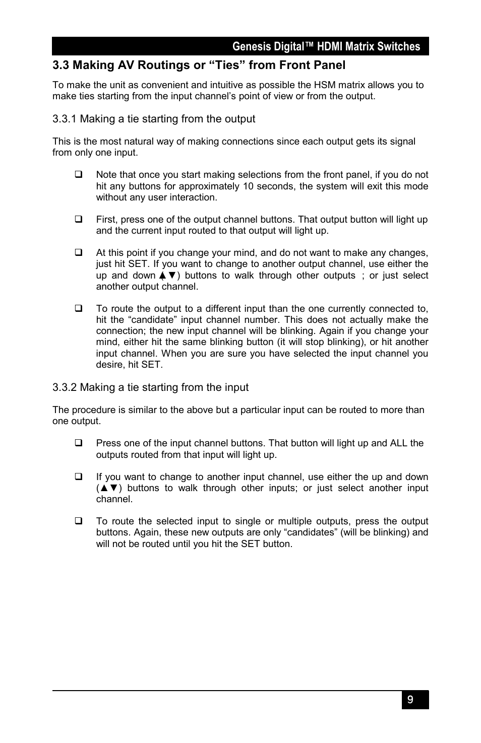 3 making av routings or “ties” from front panel, Genesis digital™ hdmi matrix switches | Hall Research HSM-I-04-04 User Manual | Page 11 / 28
