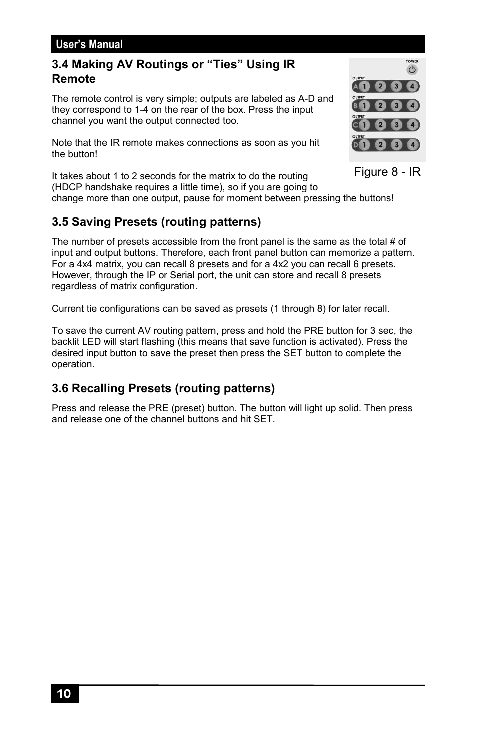 4 making av routings or “ties” using ir remote, 5 saving presets (routing patterns), 6 recalling presets (routing patterns) | Hall Research HSM-I-04-04 User Manual | Page 12 / 28