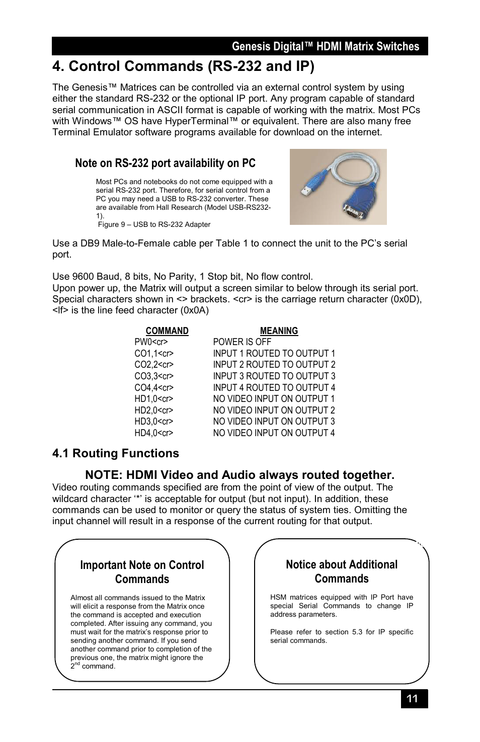 1 to make a video tie, Control commands (rs-232 and ip), 1 routing functions | Genesis digital™ hdmi matrix switches, Notice about additional commands | Hall Research HSM-I-04-04 User Manual | Page 13 / 28