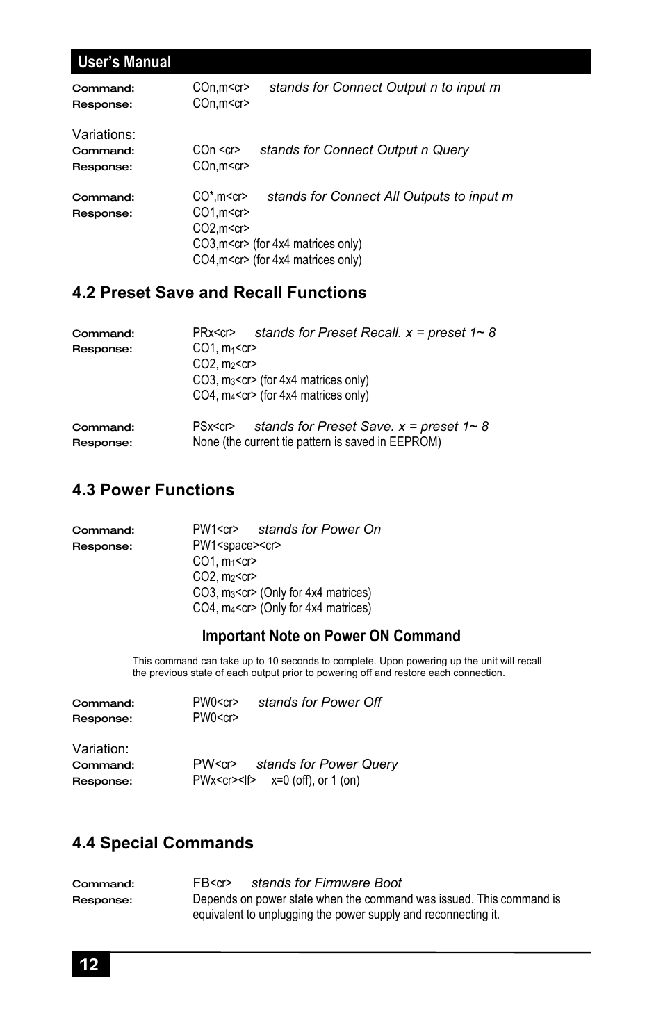 2 preset save and recall functions, 3 power functions, 4 special commands | User’s manual 12 | Hall Research HSM-I-04-04 User Manual | Page 14 / 28