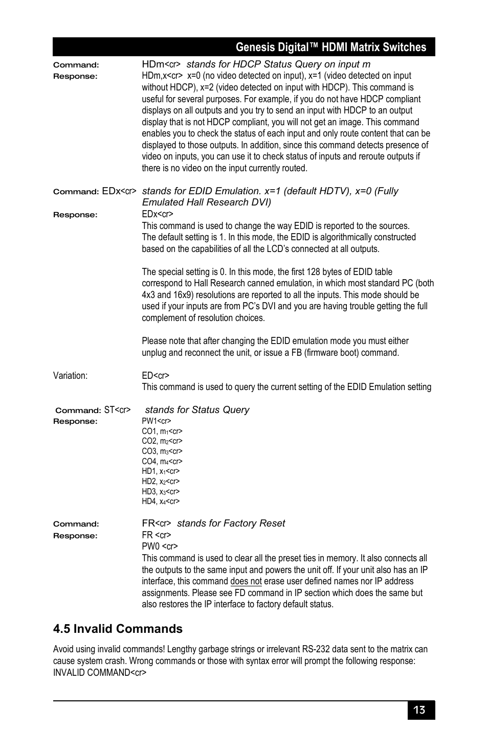 5 invalid commands, Genesis digital™ hdmi matrix switches | Hall Research HSM-I-04-04 User Manual | Page 15 / 28