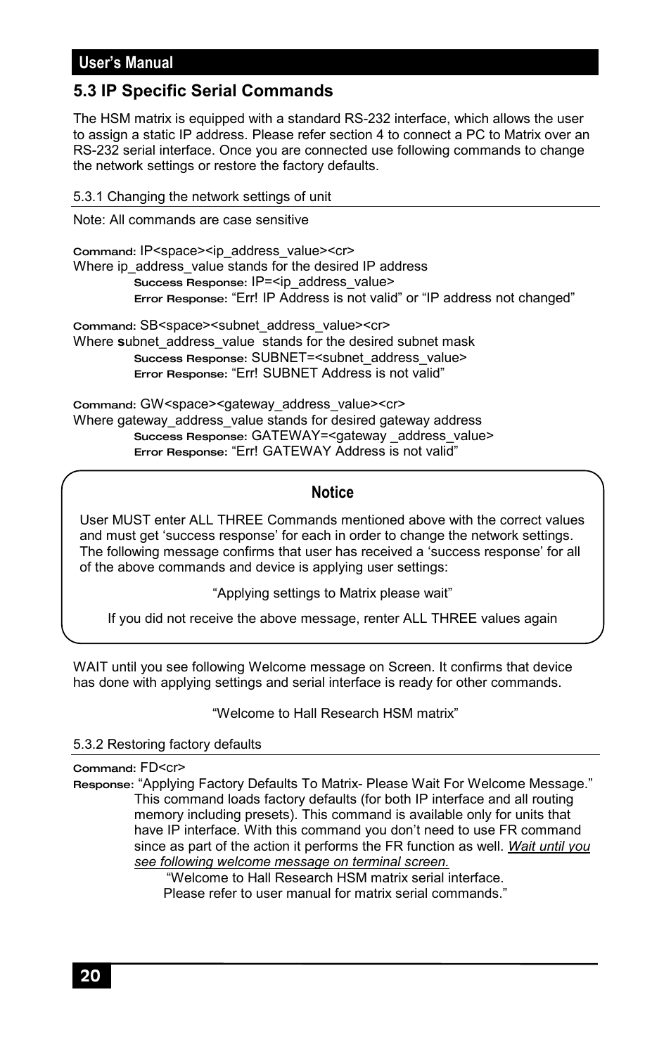 3 ip specific serial commands, User’s manual 20 5.3 ip specific serial commands, Notice | Hall Research HSM-I-04-04 User Manual | Page 22 / 28