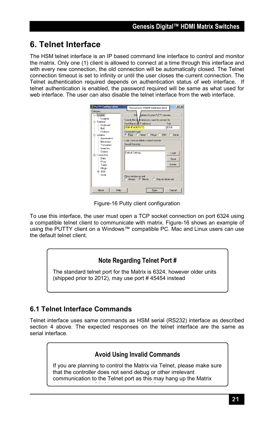 Telnet interface, 1 telnet interface commands | Hall Research HSM-I-04-04 User Manual | Page 23 / 28