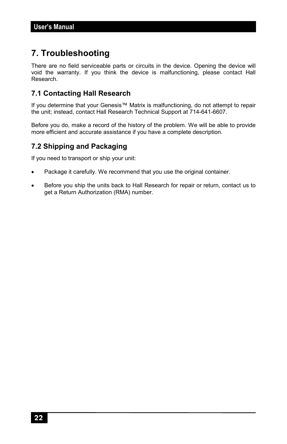 Troubleshooting, 1 contacting hall research, 2 shipping and packaging | Hall Research HSM-I-04-04 User Manual | Page 24 / 28