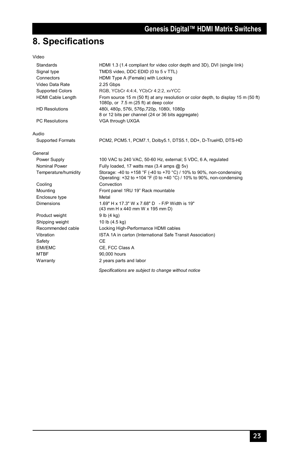 Specifications, Genesis digital™ hdmi matrix switches | Hall Research HSM-I-04-04 User Manual | Page 25 / 28