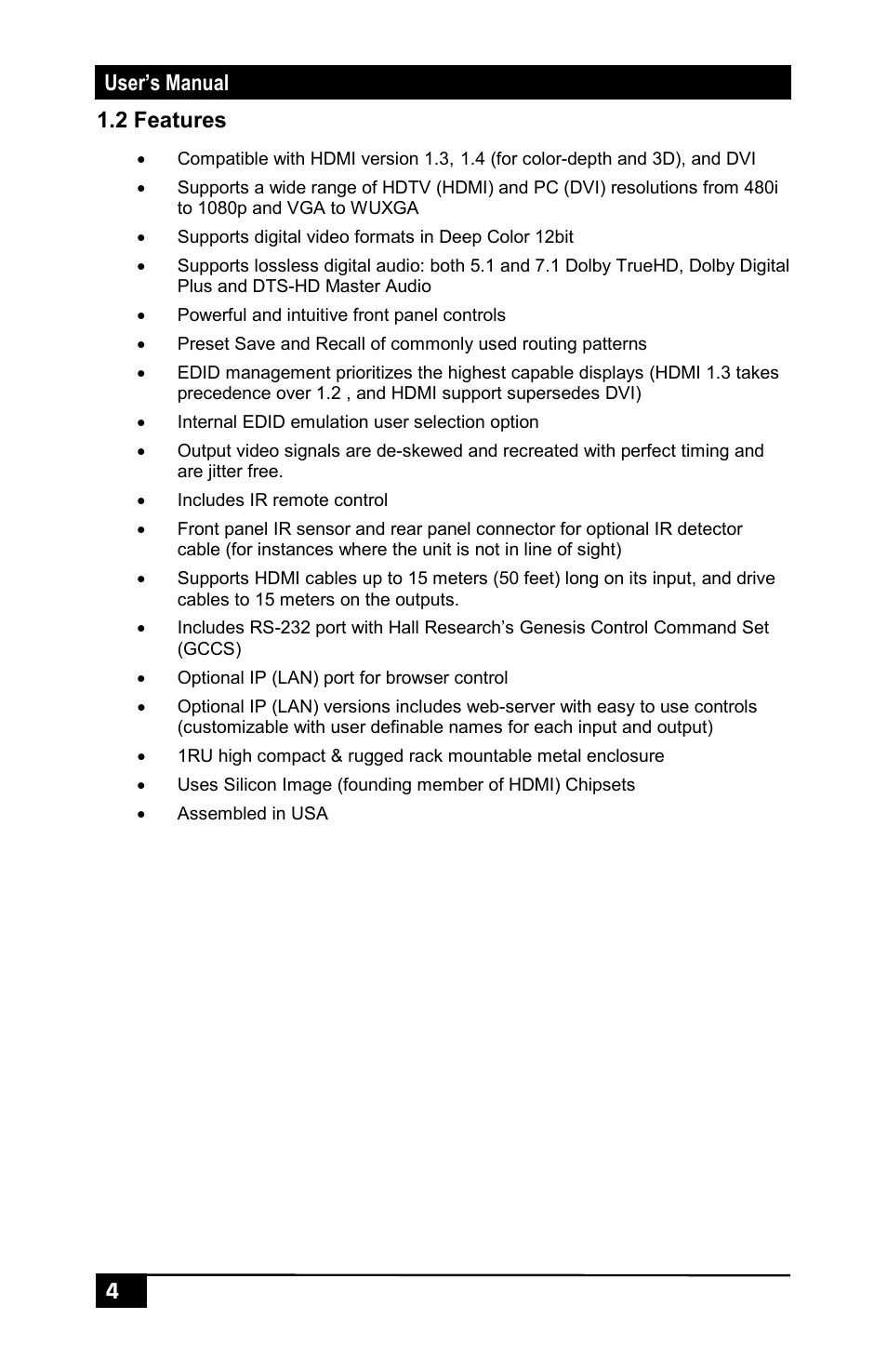 2 features, User’s manual 4 1.2 features | Hall Research HSM-I-04-04 User Manual | Page 6 / 28