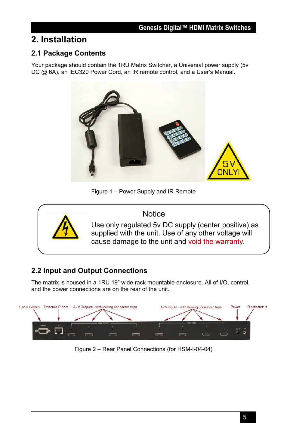 Installation, 1 package contents, 2 input and output connections | Notice | Hall Research HSM-I-04-04 User Manual | Page 7 / 28