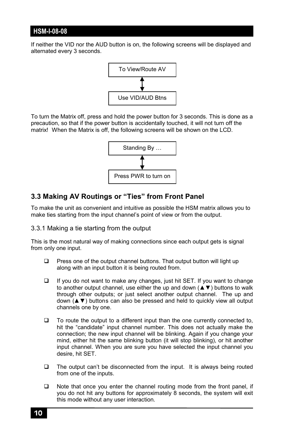 3 making av routings or “ties” from front panel | Hall Research HSM-I-08-08 User Manual | Page 12 / 40