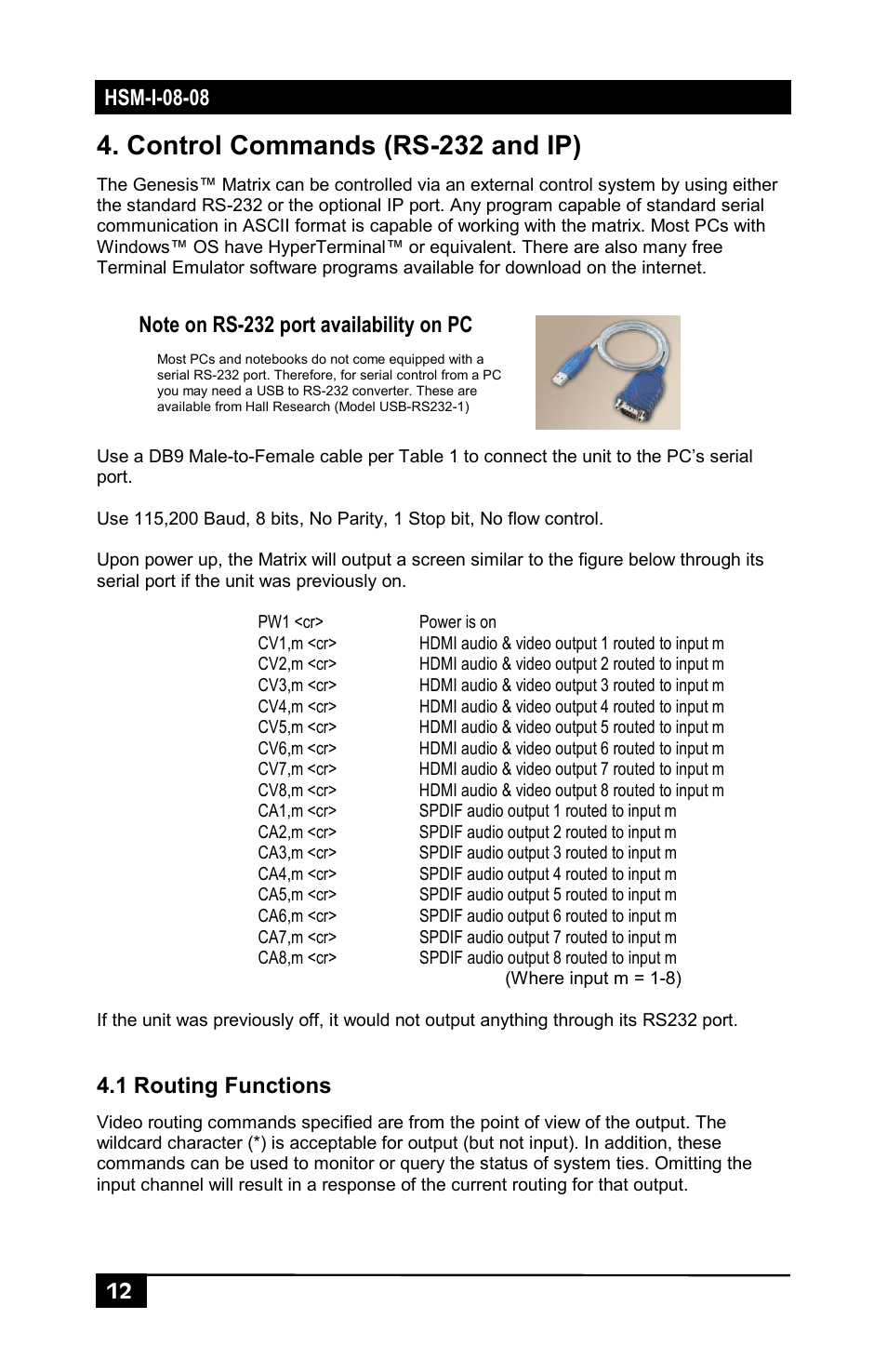 Control commands (rs-232 and ip), 1 routing functions | Hall Research HSM-I-08-08 User Manual | Page 14 / 40
