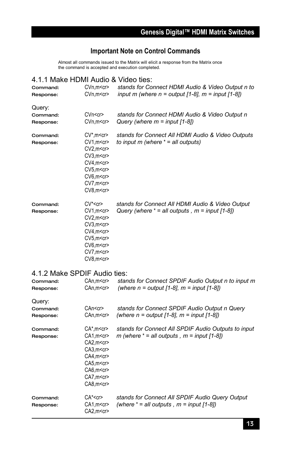 Genesis digital™ hdmi matrix switches, 1 make hdmi audio & video ties, 2 make spdif audio ties | Hall Research HSM-I-08-08 User Manual | Page 15 / 40