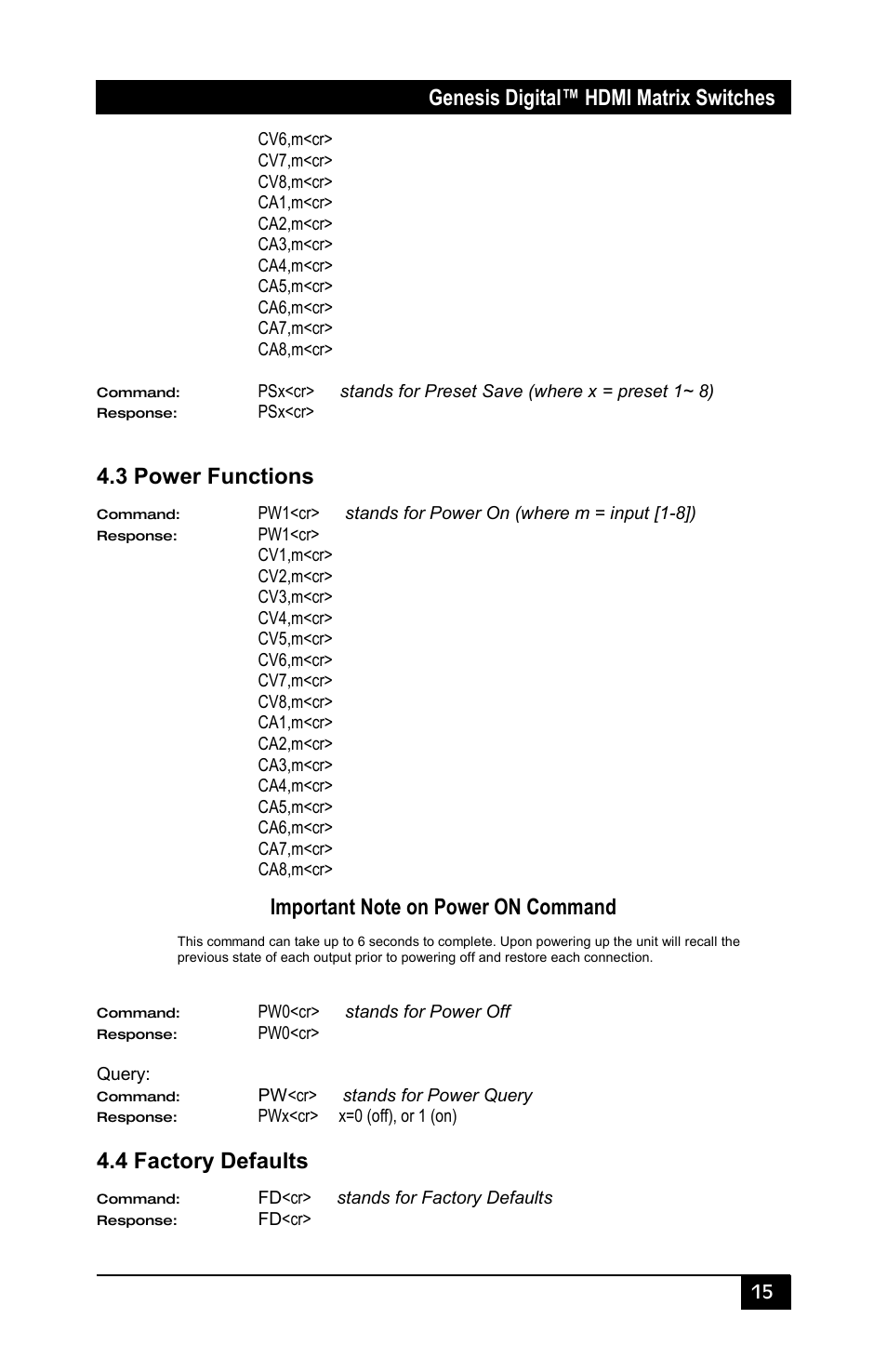 3 power functions, 4 factory defaults, Genesis digital™ hdmi matrix switches | Hall Research HSM-I-08-08 User Manual | Page 17 / 40