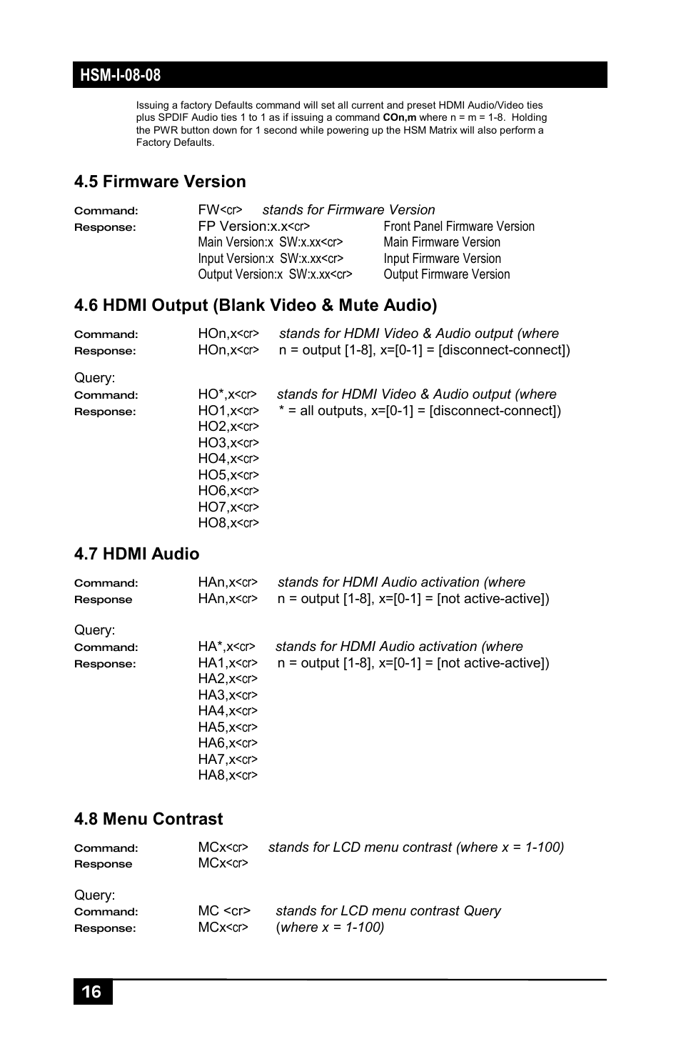 5 firmware version, 6 hdmi output (blank video & mute audio), 7 hdmi audio | 8 menu contrast | Hall Research HSM-I-08-08 User Manual | Page 18 / 40