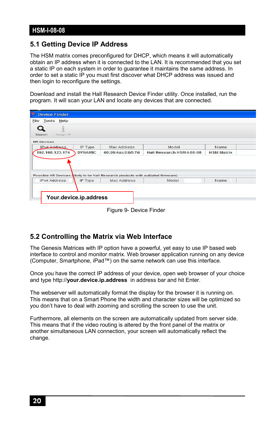 1 getting device ip address, 2 controlling the matrix via web interface | Hall Research HSM-I-08-08 User Manual | Page 22 / 40