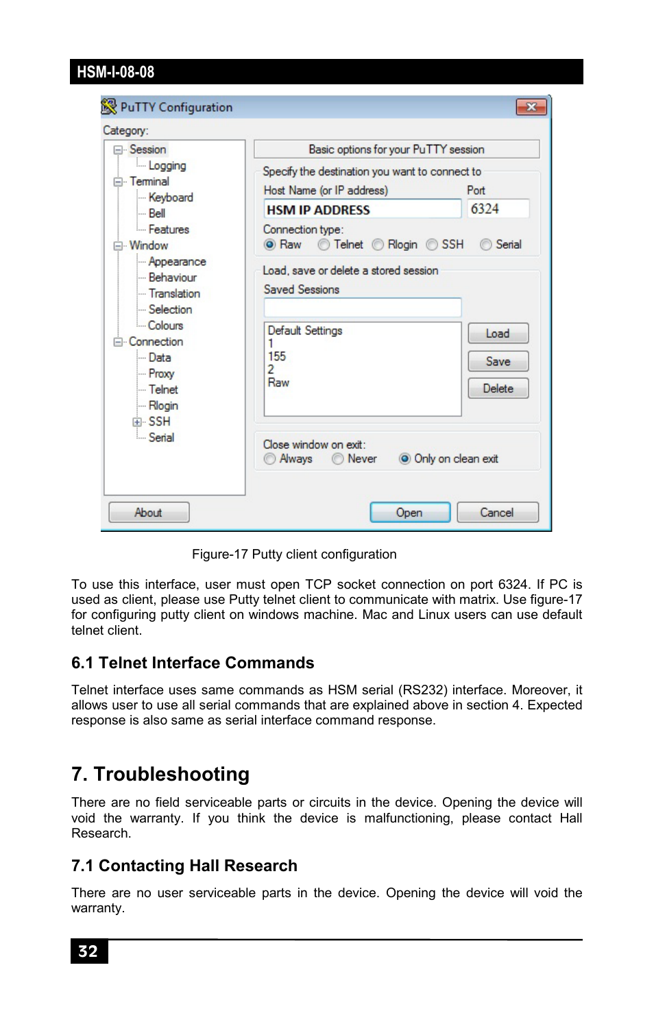 1 telnet interface commands, Troubleshooting, 1 contacting hall research | Hall Research HSM-I-08-08 User Manual | Page 34 / 40