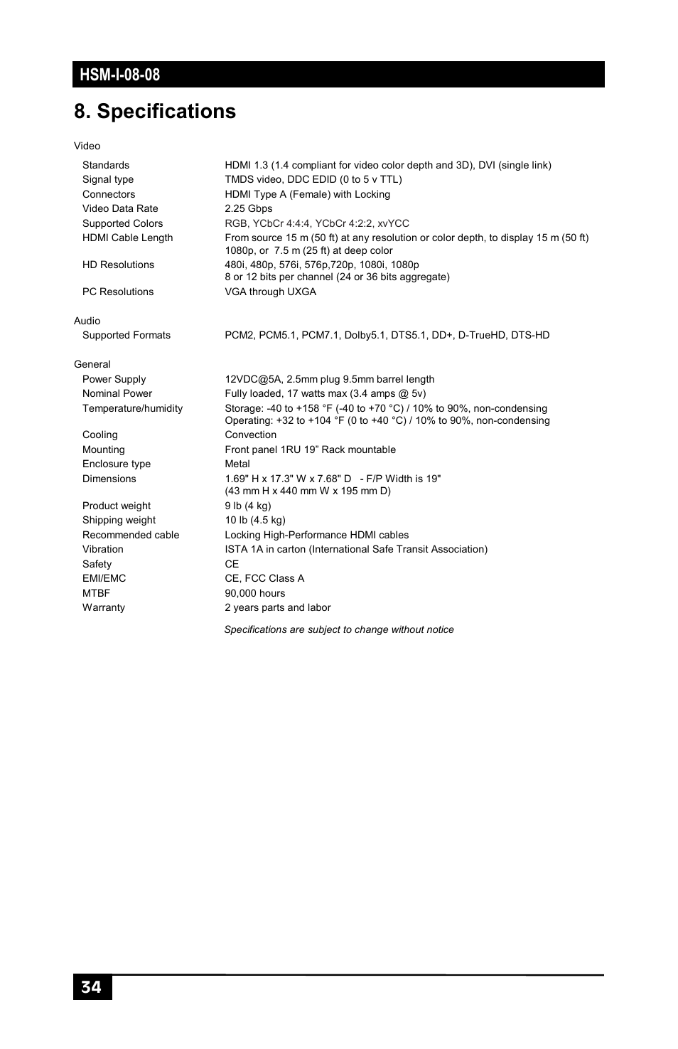 Specifications | Hall Research HSM-I-08-08 User Manual | Page 36 / 40