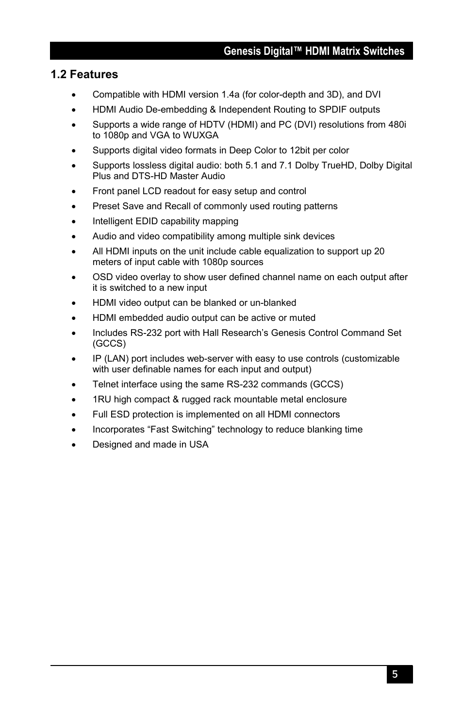 2 features, Genesis digital™ hdmi matrix switches | Hall Research HSM-I-08-08 User Manual | Page 7 / 40