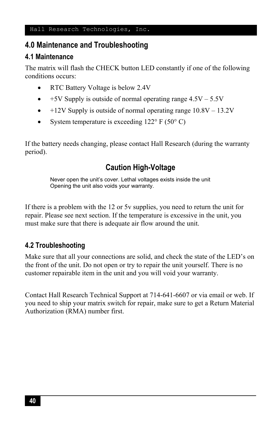 0 maintenance and troubleshooting, Caution high-voltage | Hall Research VSM-I-A-16-16 User Manual | Page 42 / 48