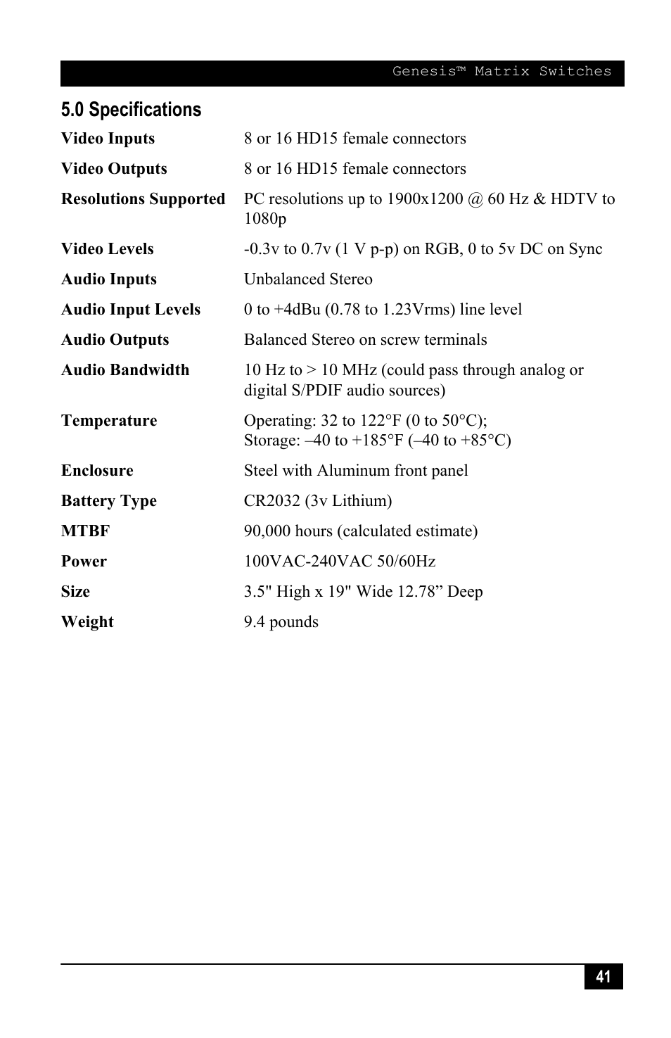 0 specifications | Hall Research VSM-I-A-16-16 User Manual | Page 43 / 48