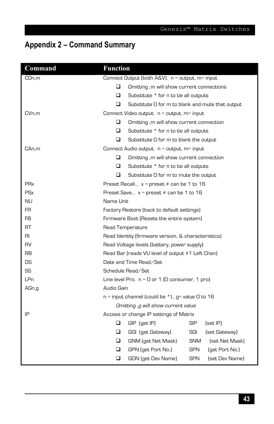 Appendix 2 – command summary, Command function | Hall Research VSM-I-A-16-16 User Manual | Page 45 / 48