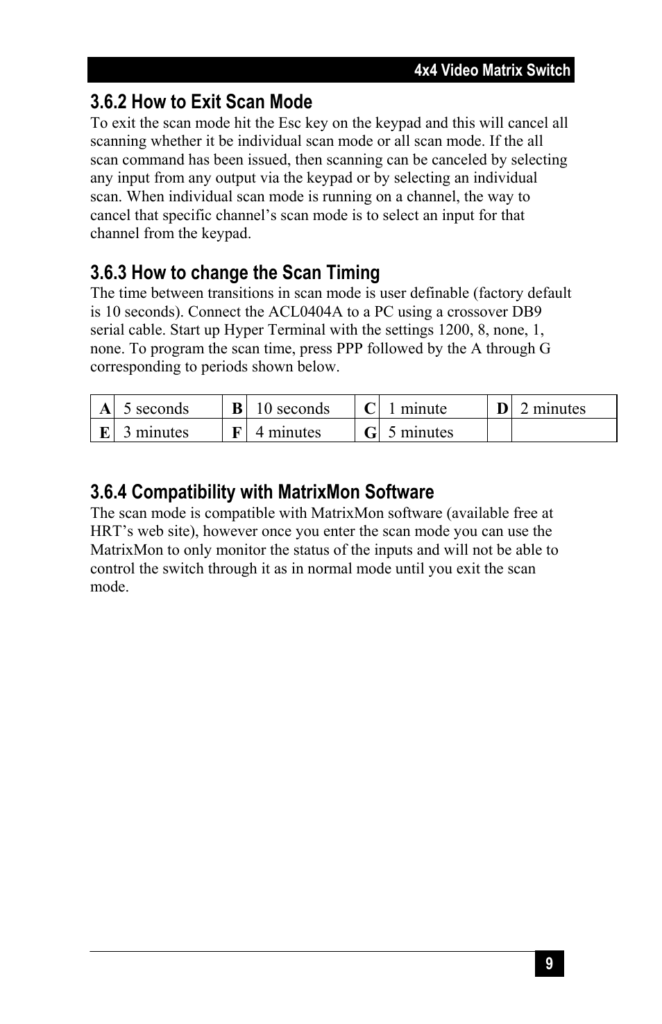 2 how to exit scan mode, 3 how to change the scan timing, 4 compatibility with matrixmon software | Hall Research VSM-404 User Manual | Page 11 / 16