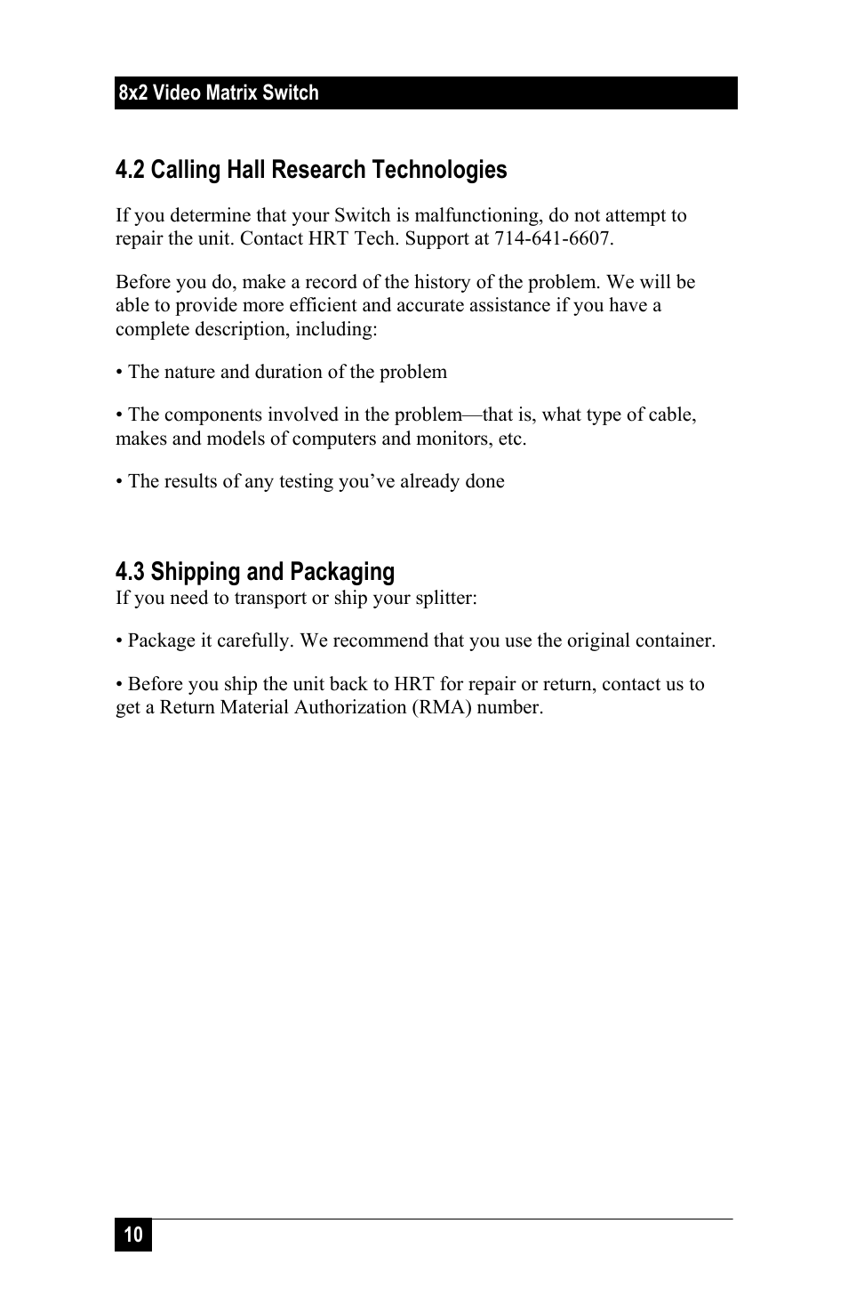 2 calling hall research technologies, 3 shipping and packaging | Hall Research VSM-802B User Manual | Page 12 / 20