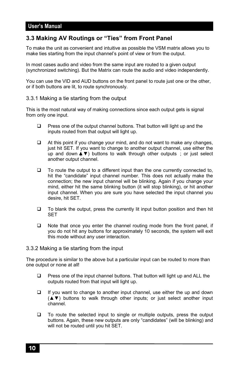 3 making av routings or “ties” from front panel | Hall Research VSM-I-A-4-JA4 User Manual | Page 12 / 32