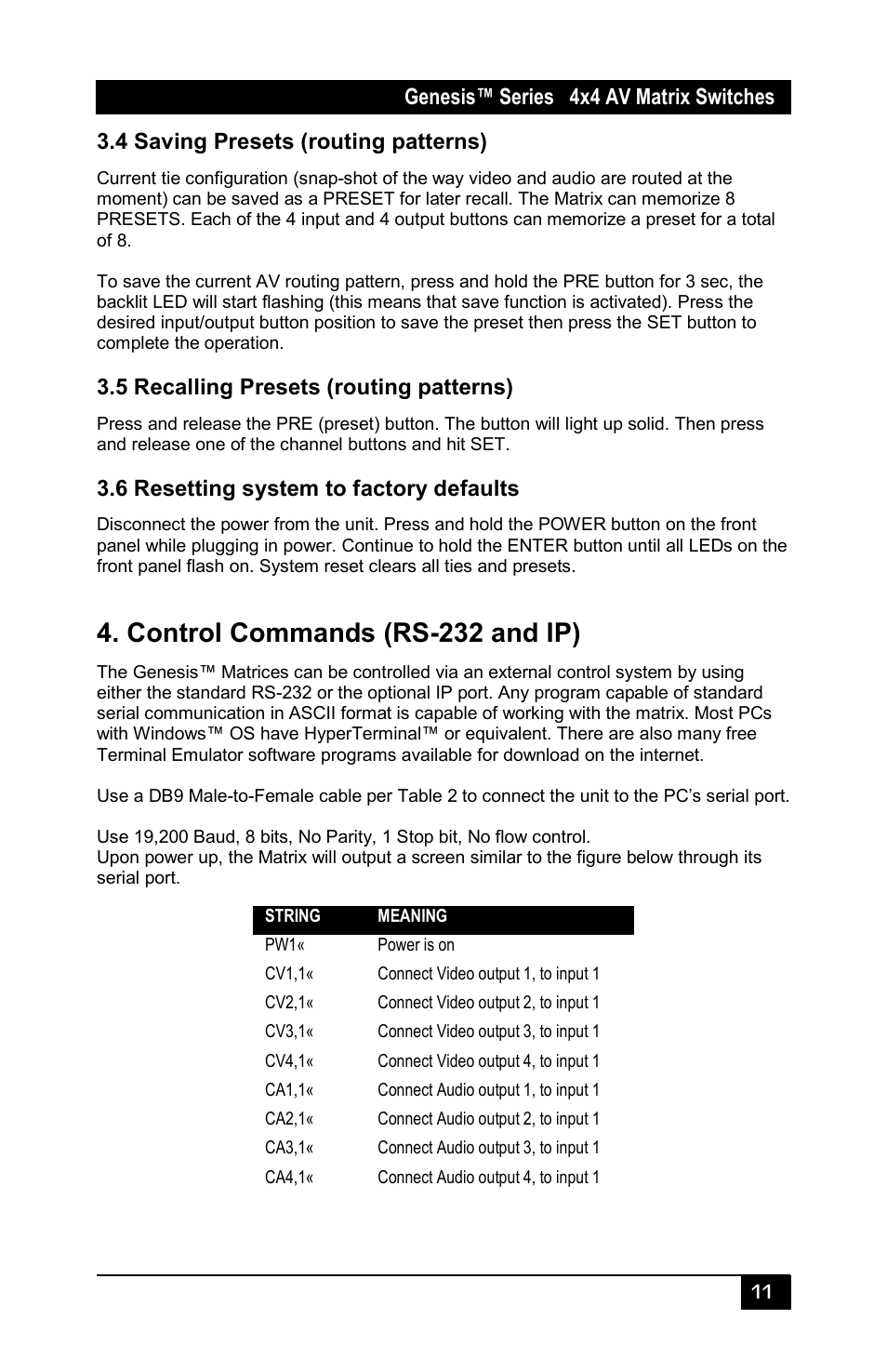 4 saving presets (routing patterns), 5 recalling presets (routing patterns), 6 resetting system to factory defaults | Control commands (rs-232 and ip) | Hall Research VSM-I-A-4-JA4 User Manual | Page 13 / 32