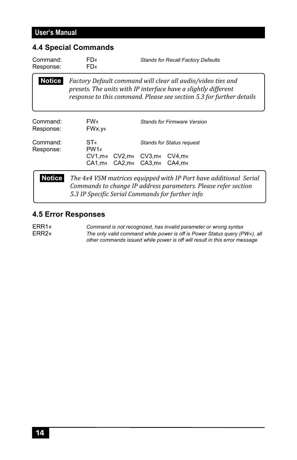 4 special commands, 5 error responses | Hall Research VSM-I-A-4-JA4 User Manual | Page 16 / 32