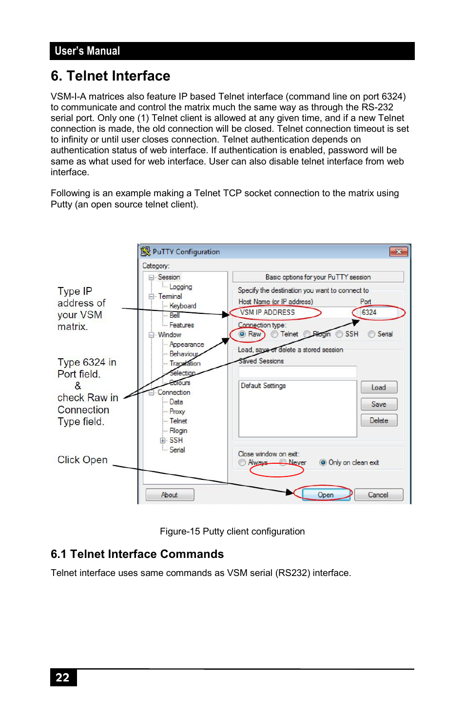 Telnet interface, 1 telnet interface commands | Hall Research VSM-I-A-4-JA4 User Manual | Page 24 / 32