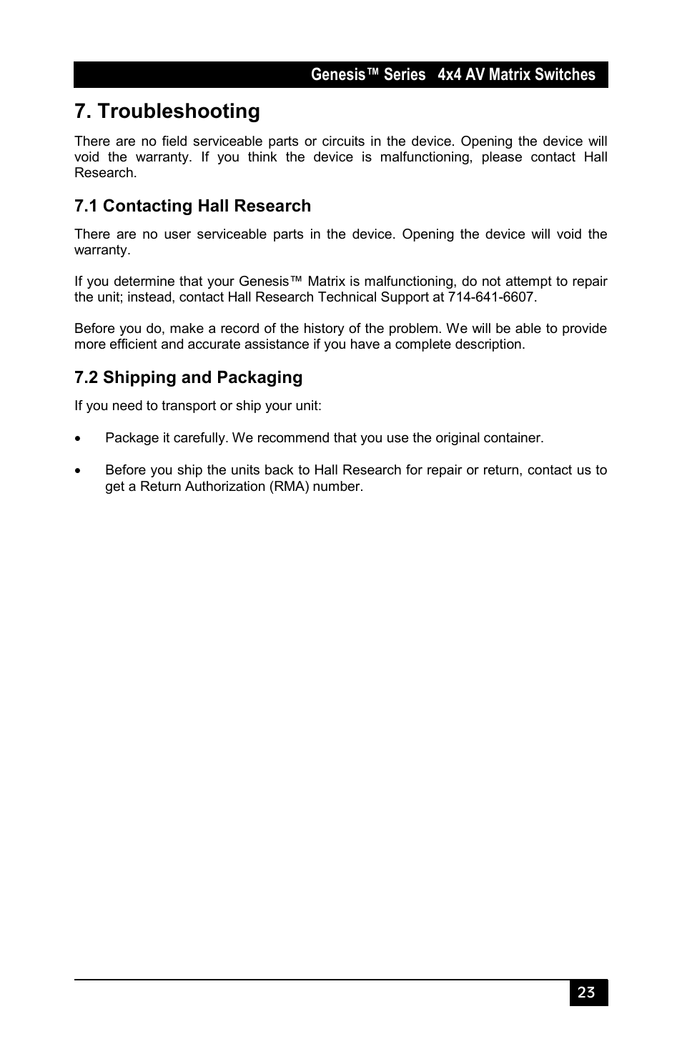 Troubleshooting, 1 contacting hall research, 2 shipping and packaging | Hall Research VSM-I-A-4-JA4 User Manual | Page 25 / 32