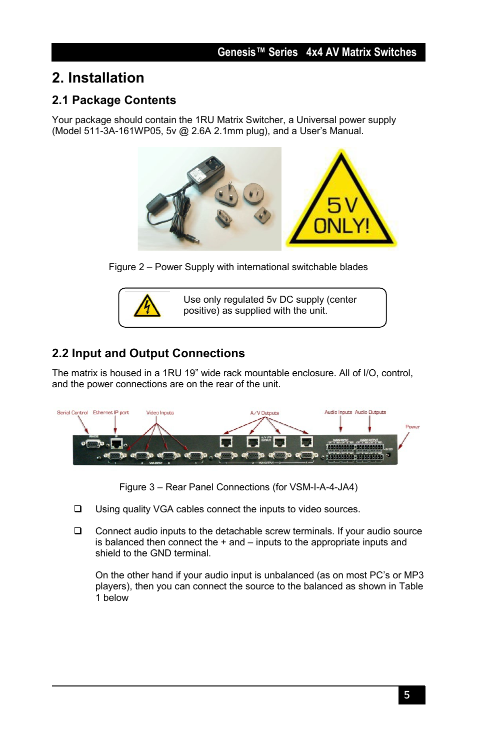 Installation, 1 package contents, 2 input and output connections | Hall Research VSM-I-A-4-JA4 User Manual | Page 7 / 32