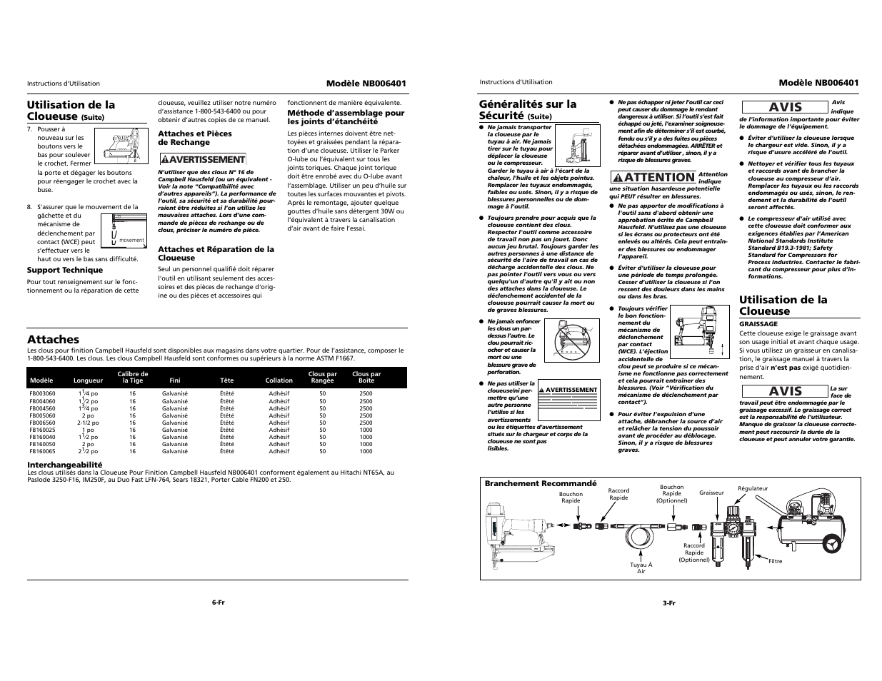 O i l, Built to last, Avis | Attention, Attaches, Utilisation de la cloueuse, Généralités sur la sécurité | Campbell Hausfeld NB006401 User Manual | Page 11 / 12