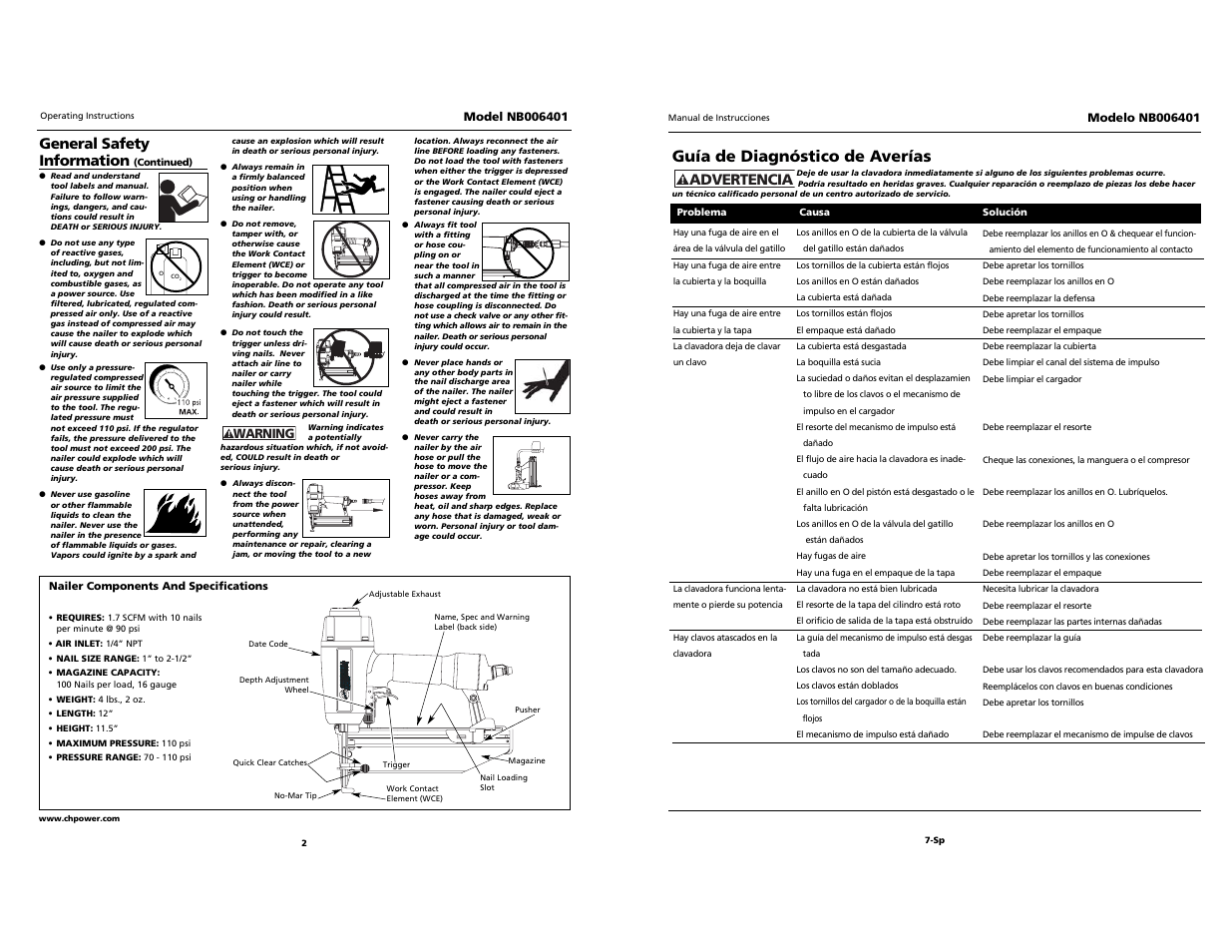 Campbell, Guía de diagnóstico de averías, Advertencia | General safety information | Campbell Hausfeld NB006401 User Manual | Page 2 / 12