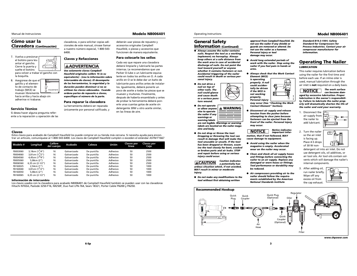 O i l, Built to last, Advertencia | General safety information, Operating the nailer, Notice, Cómo usar la clavadora | Campbell Hausfeld NB006401 User Manual | Page 3 / 12