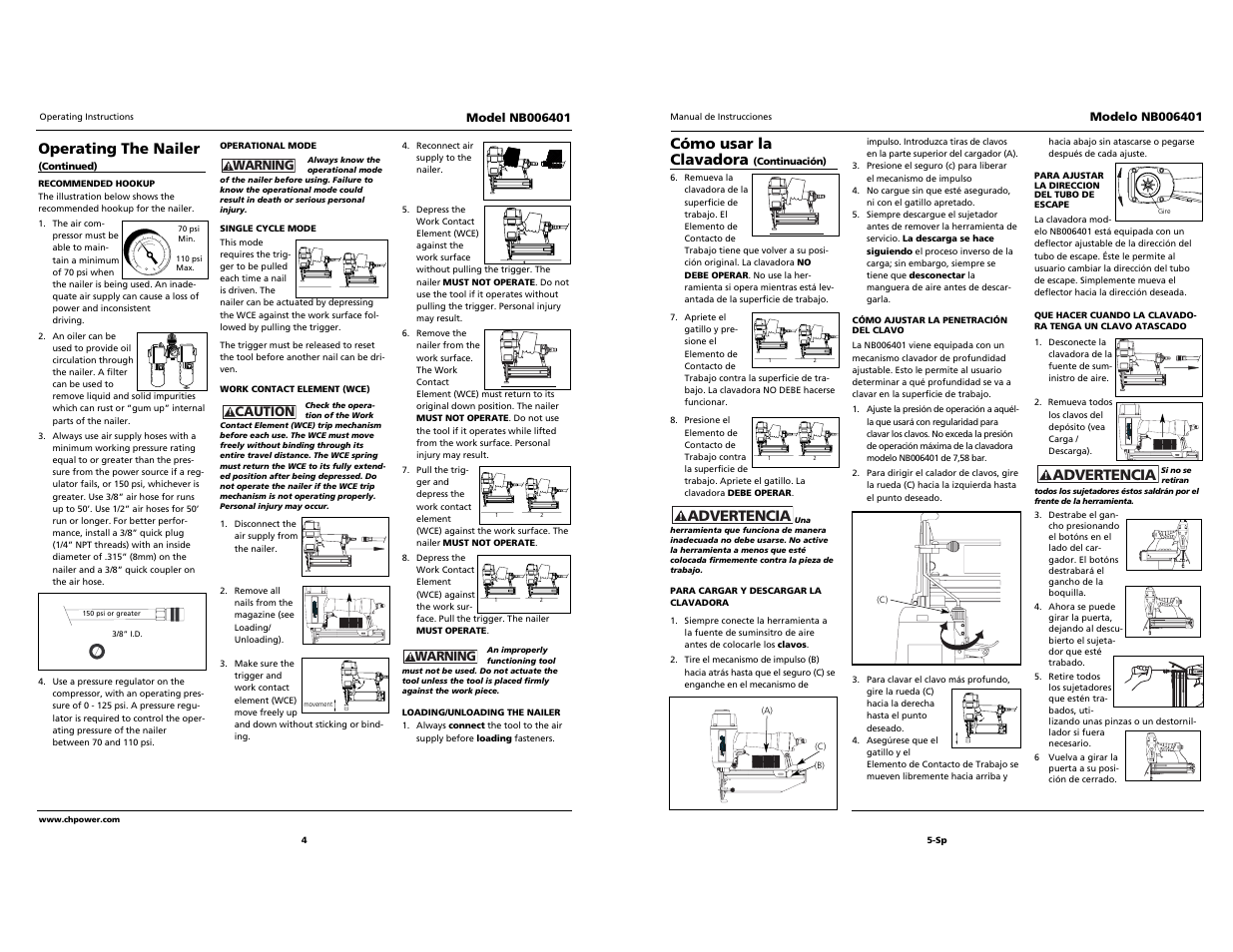 Campbell professional hausfeld, Built to last, Cómo usar la clavadora | Advertencia, Operating the nailer | Campbell Hausfeld NB006401 User Manual | Page 4 / 12