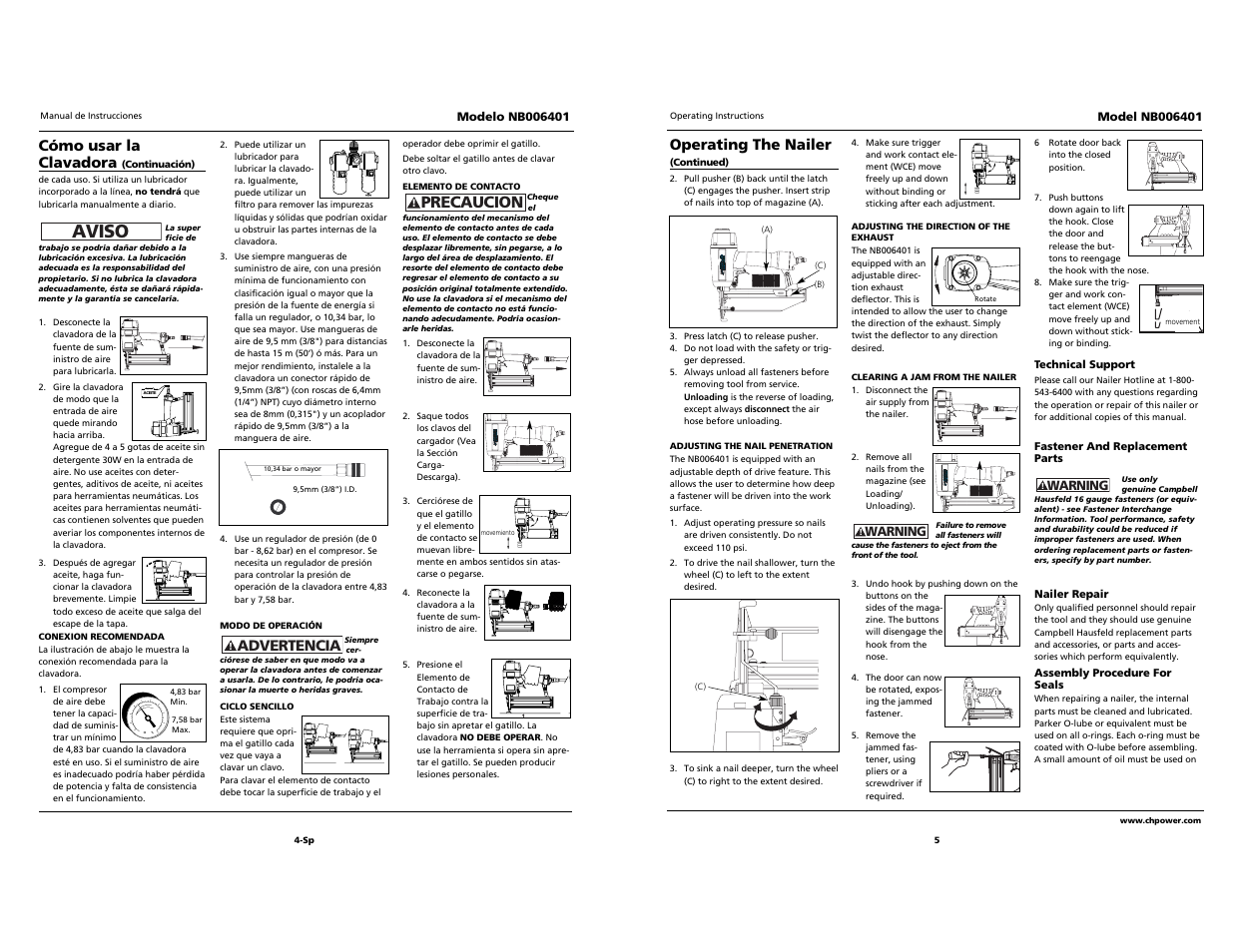 Aviso, Campbell professional professional hausfeld, Built to last | Precaucion, Cómo usar la clavadora, Advertencia, Operating the nailer | Campbell Hausfeld NB006401 User Manual | Page 5 / 12