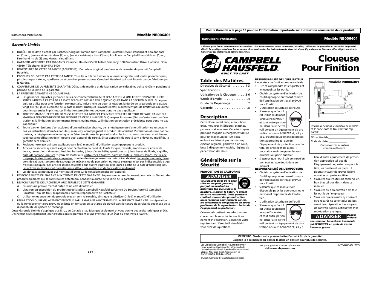 Cloueuse pour finition, Danger | Campbell Hausfeld NB006401 User Manual | Page 9 / 12