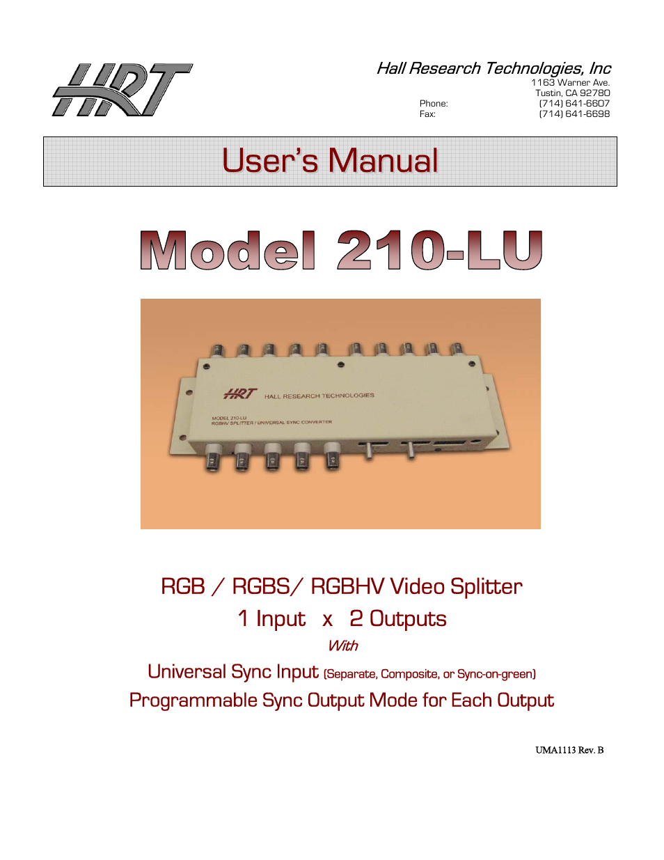 Hall Research 210-LU User Manual | 4 pages