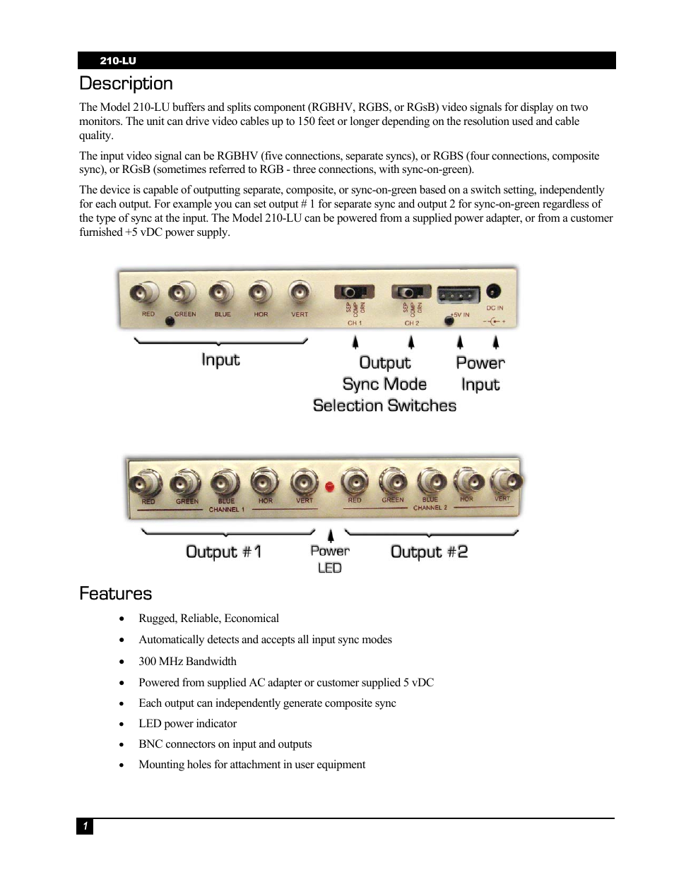 Description, Features | Hall Research 210-LU User Manual | Page 2 / 4