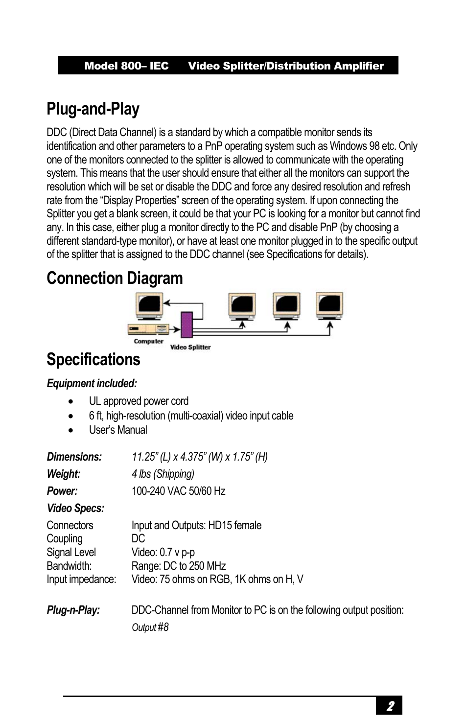 Plug-and-play, Connection diagram, Specifications | Hall Research 800-IEC User Manual | Page 3 / 4