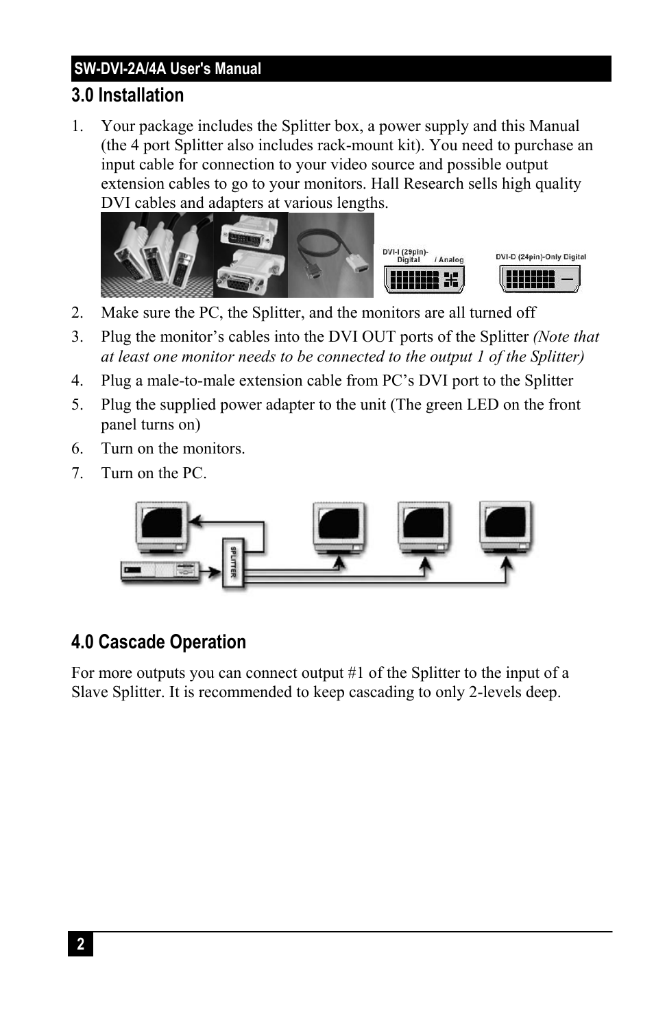 0 installation, 0 cascade operation | Hall Research SP-DVI-4A User Manual | Page 4 / 8