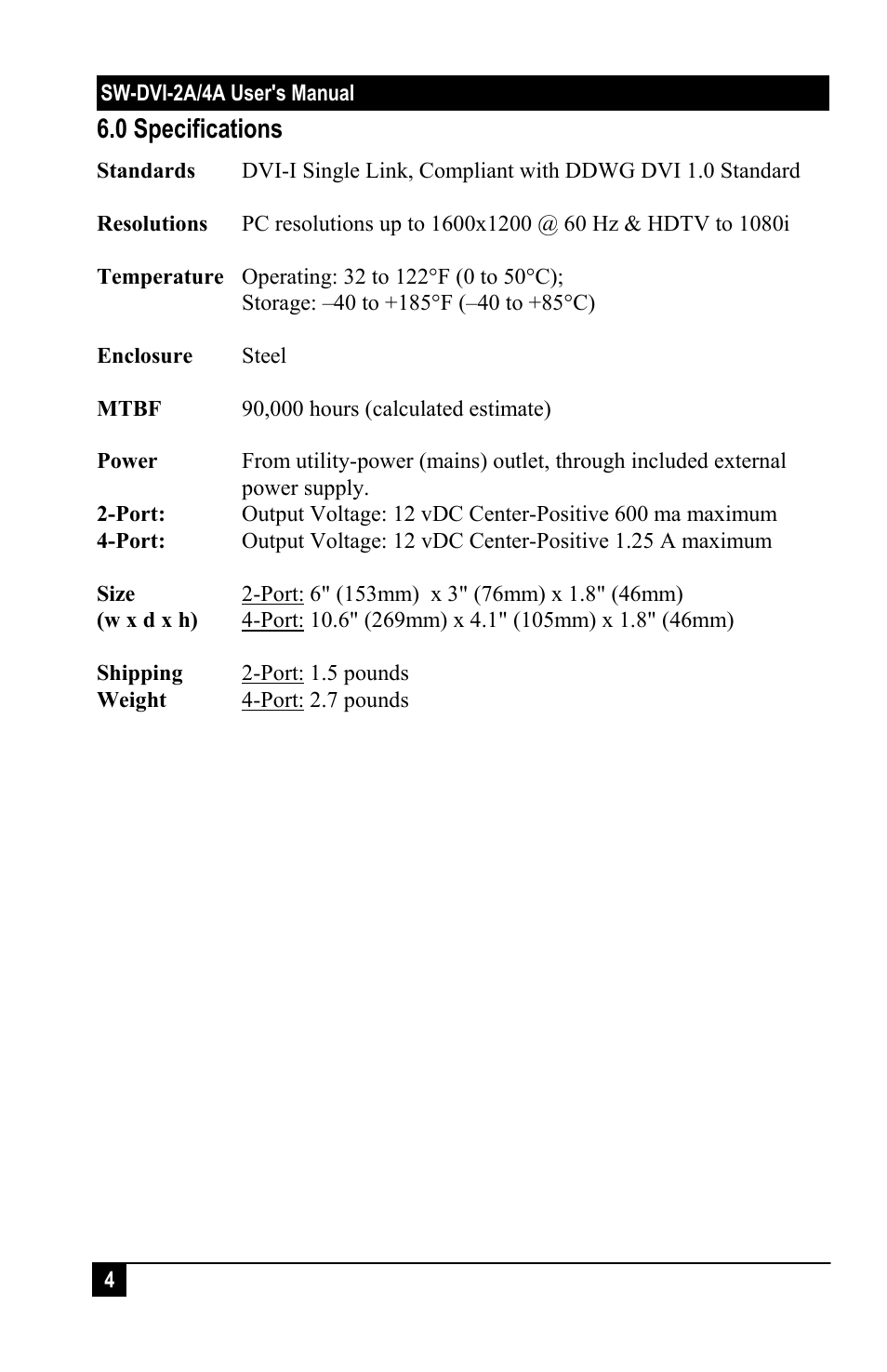 0 specifications | Hall Research SP-DVI-4A User Manual | Page 6 / 8