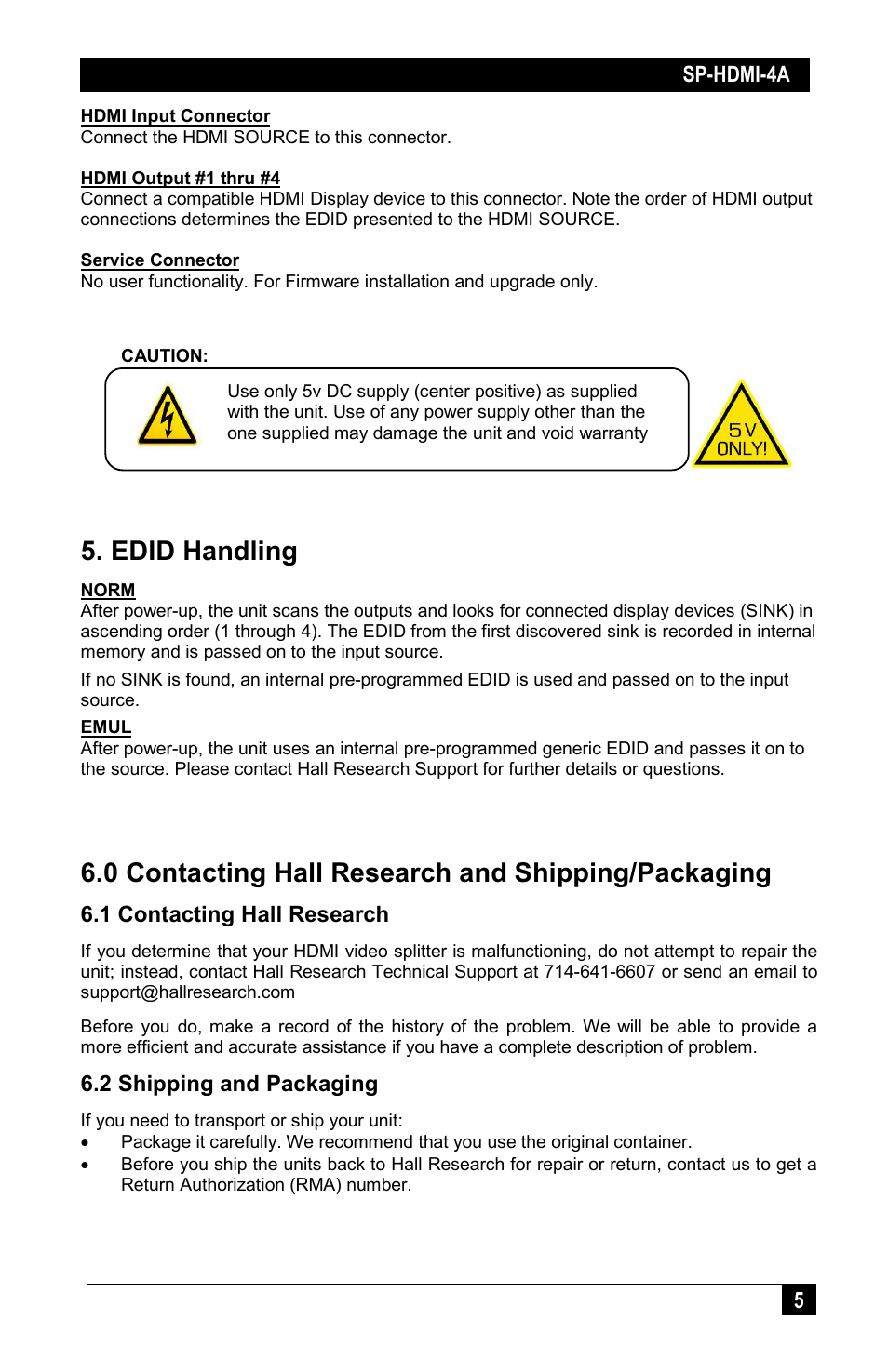 Edid handling, 0 contacting hall research and shipping/packaging, 1 contacting hall research | 2 shipping and packaging | Hall Research SP-HD-4A User Manual | Page 5 / 8