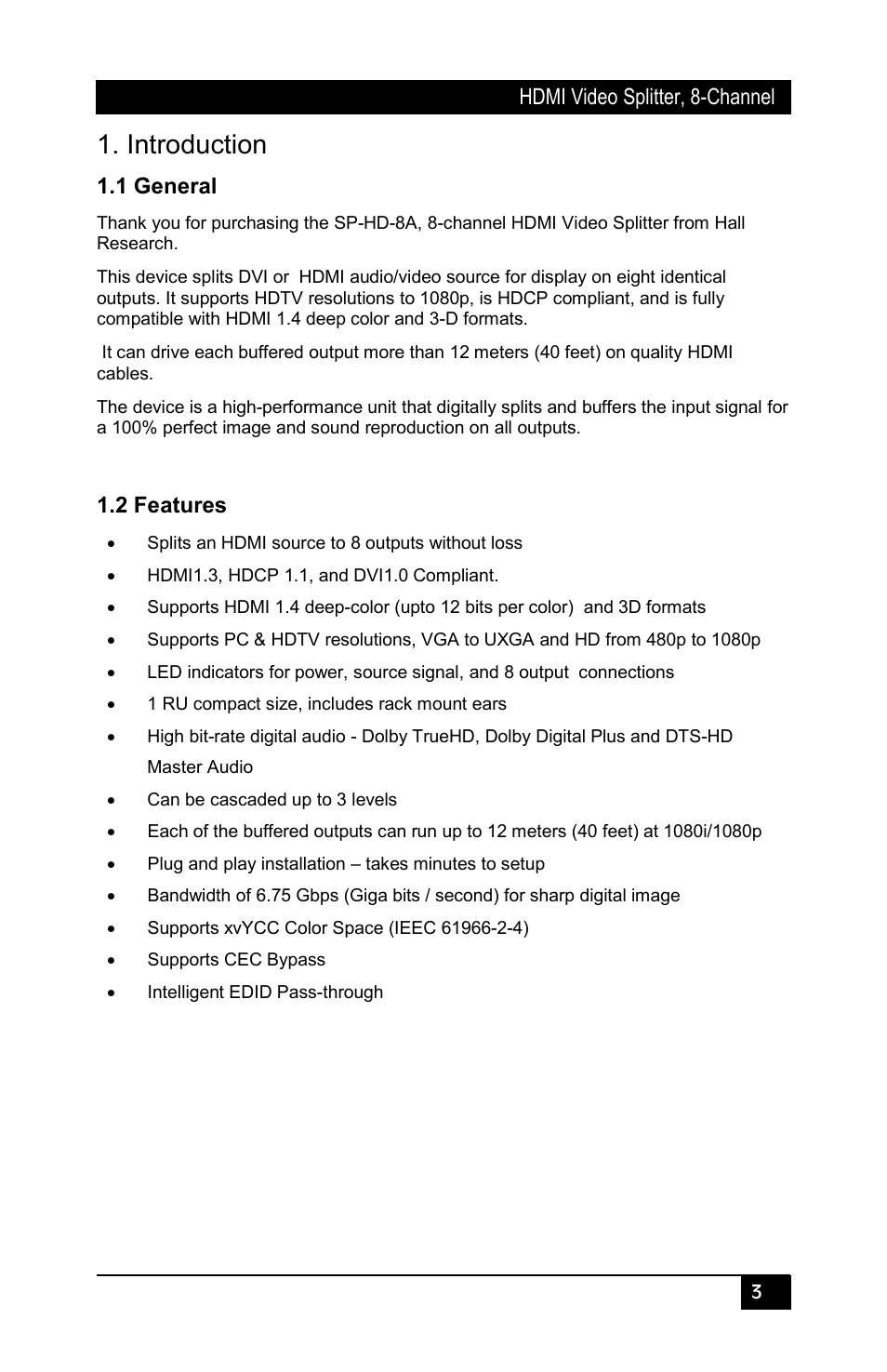 Introduction, 1 general, 2 features | Hall Research SP-HD-8A User Manual | Page 5 / 12