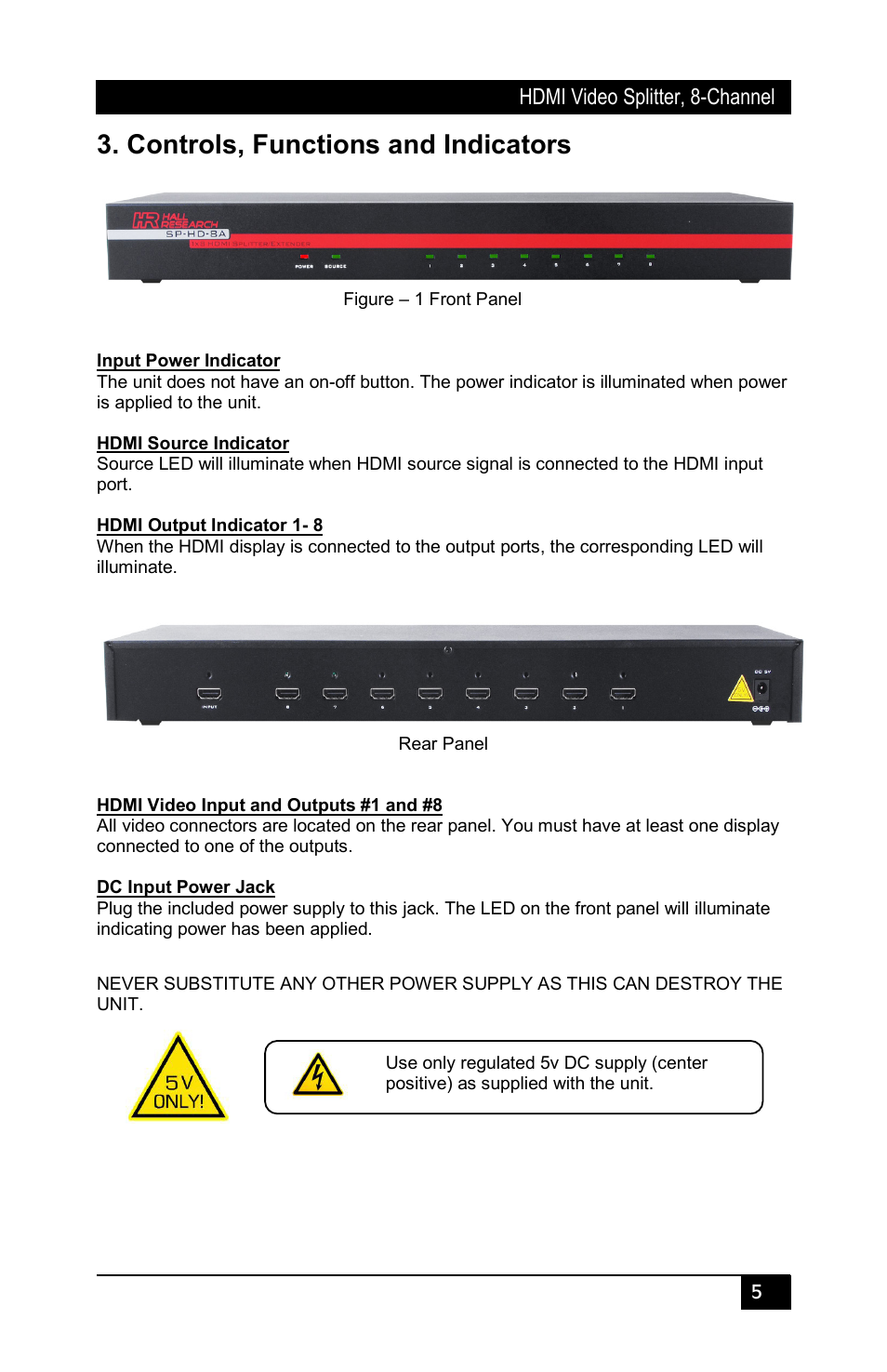 Controls, functions and indicators | Hall Research SP-HD-8A User Manual | Page 7 / 12