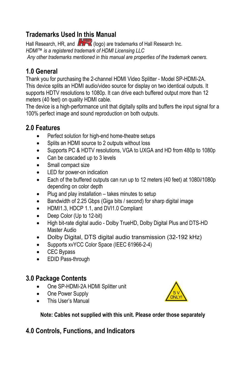 Trademarks used in this manual, 0 general, 0 features | 0 package contents, 0 controls, functions, and indicators | Hall Research SP-HDMI-2A User Manual | Page 3 / 8