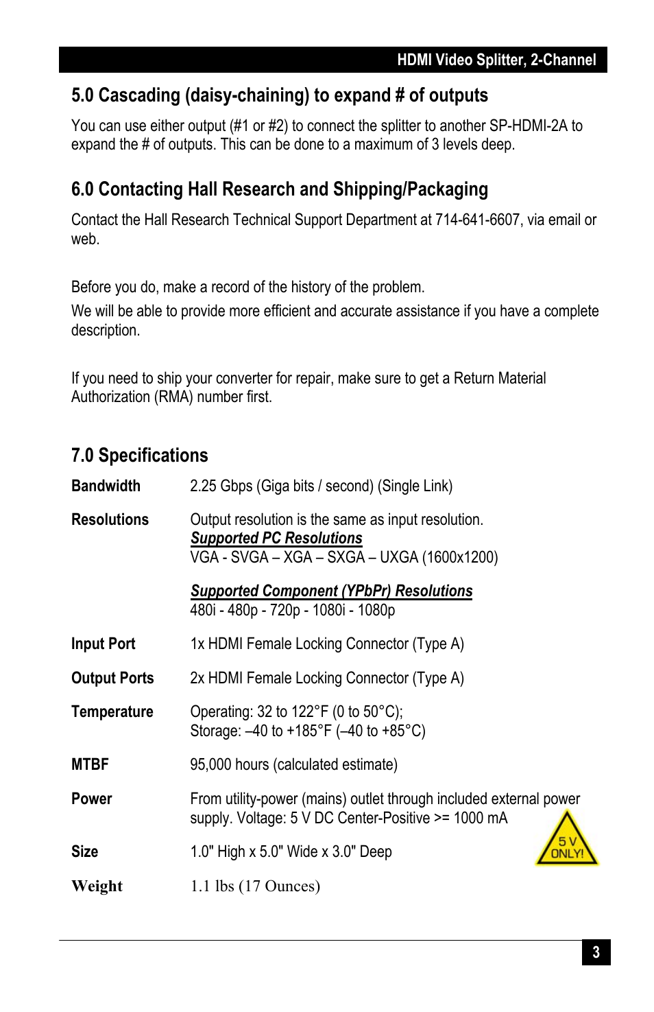 0 contacting hall research and shipping/packaging, 0 specifications | Hall Research SP-HDMI-2A User Manual | Page 5 / 8