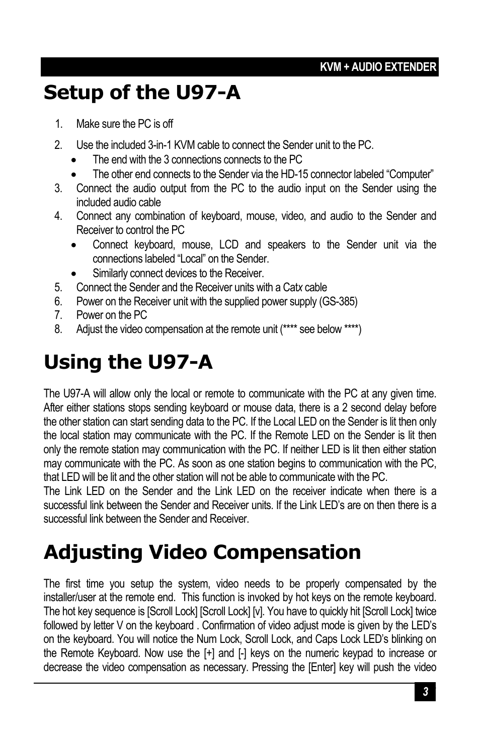 Setup of the u97-a, Using the u97-a, Adjusting video compensation | Hall Research U97-A User Manual | Page 5 / 8