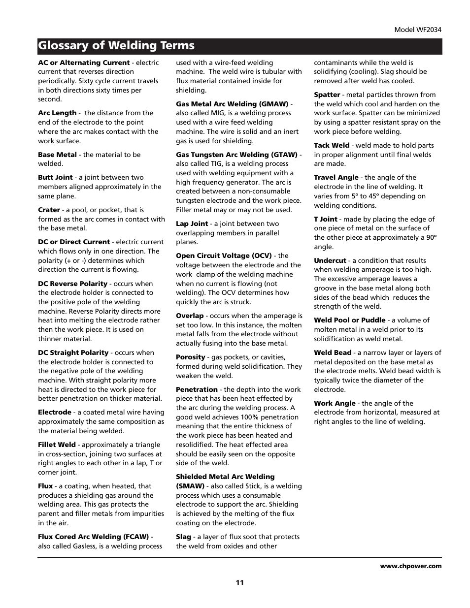 Glossary of welding terms | Campbell Hausfeld WF2034 User Manual | Page 11 / 24